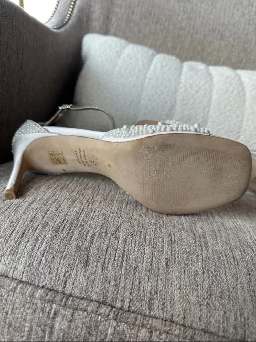 Stuart Weitzman Women's Bliss 75 Sandals Pearl-Embellished White Ankle-Strap Sz9
